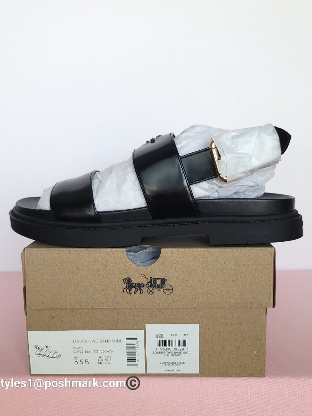 COACH Lockup Two Band Spazzolato Leather Sandals - Black color. Women's US 8.5B⭐ - Picture 16 of 16
